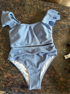 SHEIN Light Blue Textured Two-Piece Bikini with Ruffled Straps